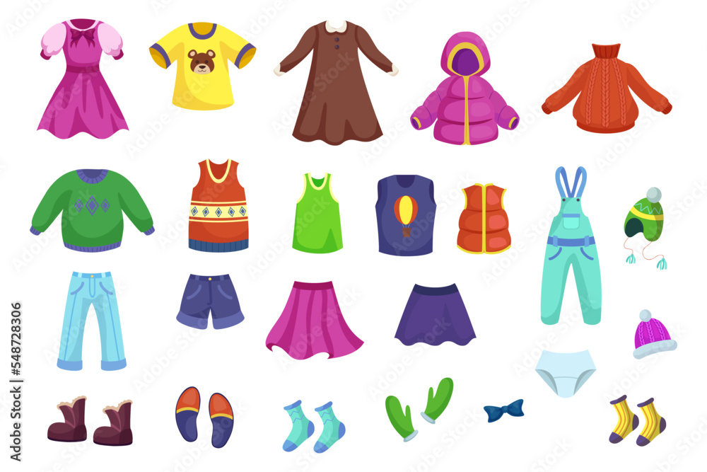 Children clothes for different seasons vector illustrations set. Clothing  for boys and girls, winter and summer outfits for kids isolated on white  background. Fashion, childhood, weather concept Stock Vector