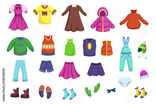 Children clothes for different seasons vector illustrations set. Clothing for boys and girls, winter and summer outfits for kids isolated on white background. Fashion, childhood, weather concept