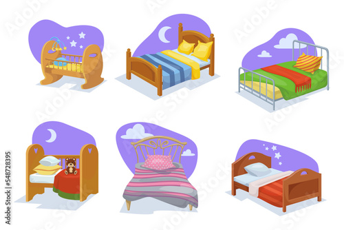 Beds for people of different ages vector illustrations set. Collection of cartoon drawings of cot or crib, bed for children, toddlers, adults isolated on white background. Interior, furniture concept
