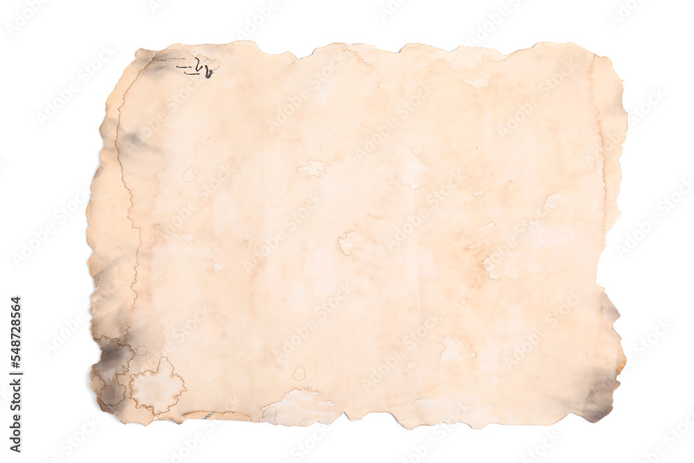 Sheet of old paper isolated on white, top view. Space for text Sheet of old paper isolated on white, top view. Space for text