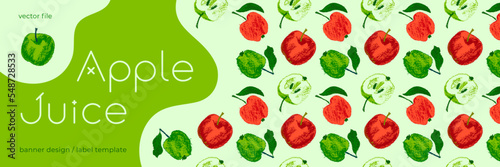 Vector fruit label templates. Vegan fruit banner, red apple background. Drawings of green apples pattern seamless. Baby food packaging, juice tag design. Organic jam, confectionery package, cosmetics.