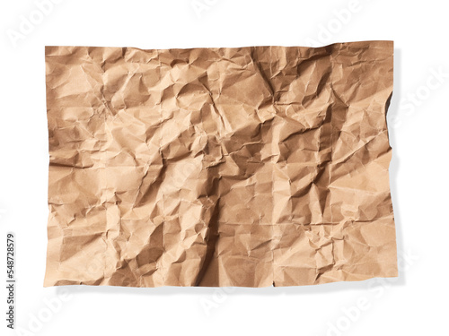 Crumpled kraft paper sheet isolated on white, top view