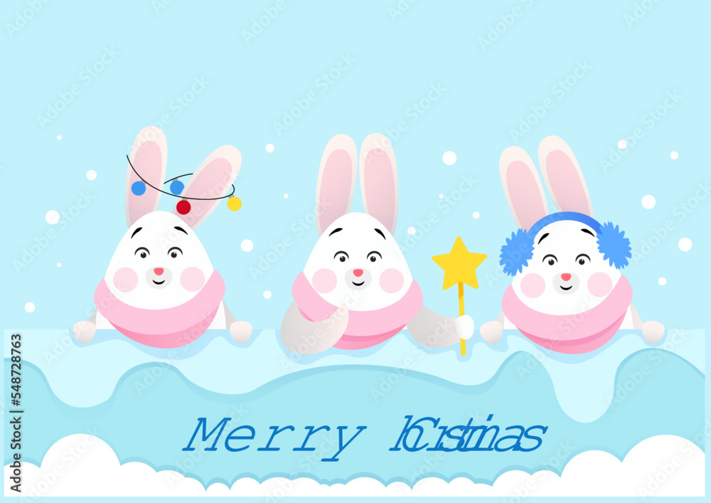 Three cute rabbits peek out of the snow and wish you a Merry Christmas