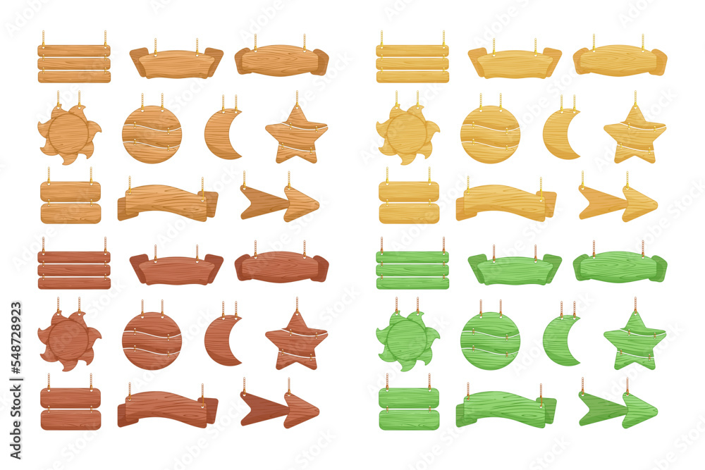 Hanging wooden signs on ropes vector illustrations set. Collection of cartoon drawings of signboards from wood of different shapes isolated on white background. Instruction, announcement concept Hanging wooden signs on ropes vector illustrations set. Collection of cartoon drawings of signboards from wood of different shapes isolated on white background. Instruction, announcement concept