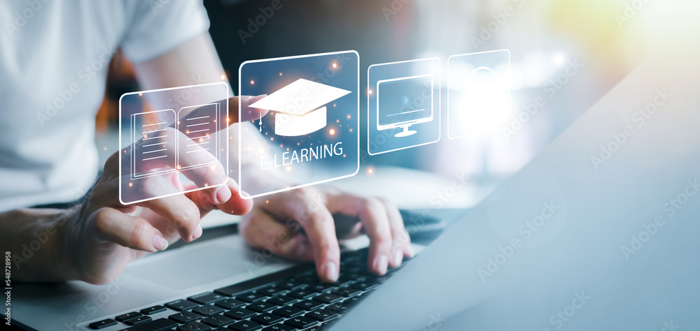 custom made wallpaper toronto digitalMan with learning language during online courses using netbook. E-learning Education Internet Technology Webinar Online Courses concept. Training Webinar E-learning Skills Business Internet Technology