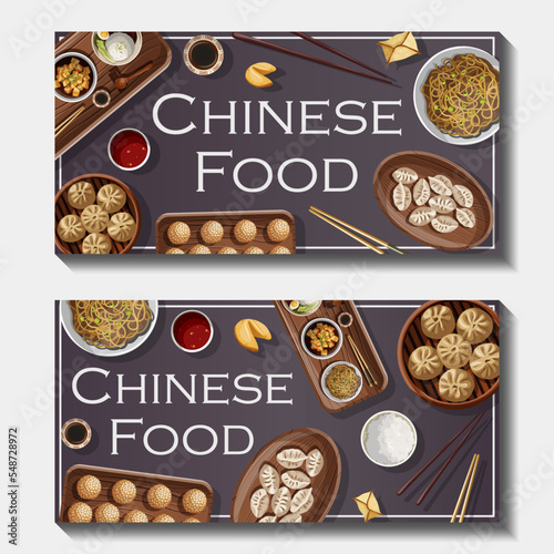 Set of vector template banners design with Chinese food and copy-space on red. Postcard, card, business card, flyer, promotion concept.