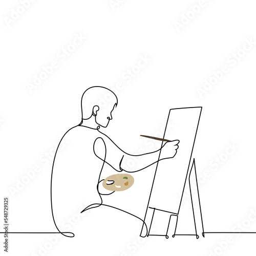 man sitting in front of an easel holding a palette and painting on canvas with a brush - one line drawing vector. concept of a male artist in the process of drawing a picture; art therapy; art school