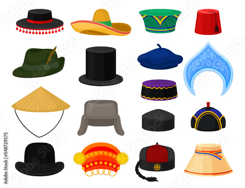 Hats of various countries set. National headwear cartoon vector photo