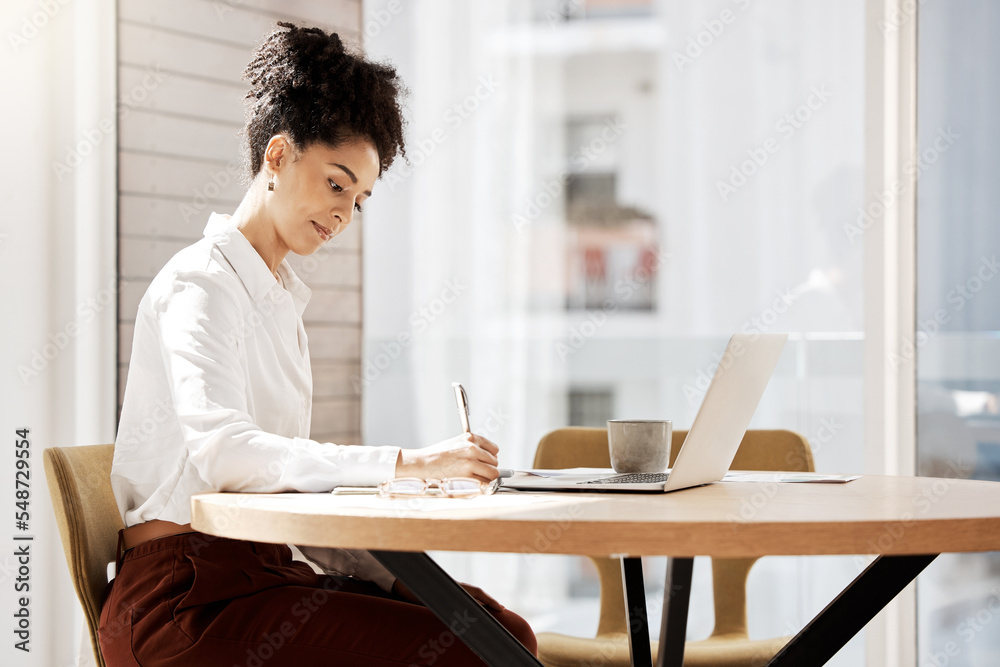 Corporate, laptop or black business woman writing in notebook research, strategy planning or working on SEO marketing review. Employee, worker or manager write innovation company vision or mission Corporate, laptop or black business woman writing in notebook research, strategy planning or working on SEO marketing review. Employee, worker or manager write innovation company vision or mission