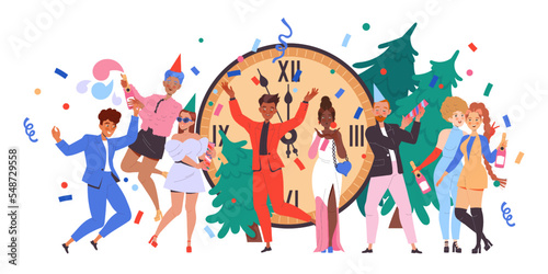 People Characters Celebrating New Year Holiday with Party Popper and Champagne Near Huge Clock and Fir Tree Vector Illustration