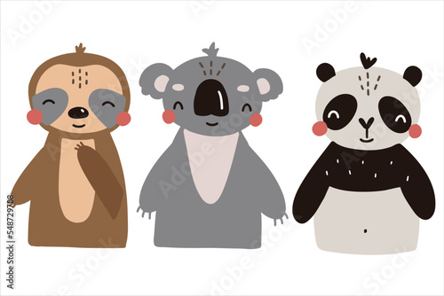 Set of cute wild animals: koala, panda, sloth. Vector illustration isolated on white background for nursery decoration, postcards, textiles