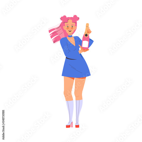 Cheerful Woman Character with Pink Hair and Blue Dress Holding Champagne Bottle Celebrating New Year Holiday Vector Illustration