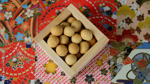 Japanese style washi paper Japan New Year Bean sowing setsubun beans and masu Background material