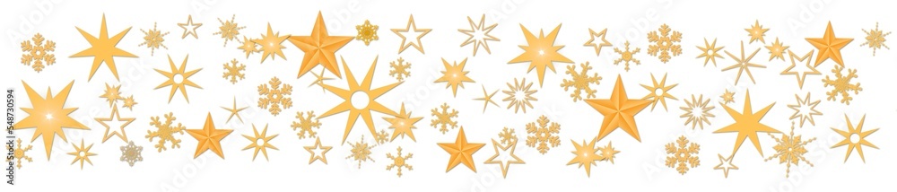 Christmas decoration in orange on banner - different snowflakes and ice stars on white background - 3D Illustration Christmas decoration in orange on banner - different snowflakes and ice stars on white background - 3D Illustration