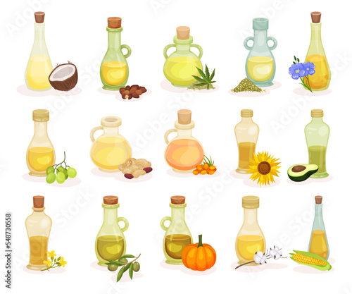 Set of different food oils in glass bottles. Glass jugs of natural, organic healthy oil products cartoon vector
