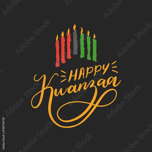 Happy Kwanzaa lettering, seven candles for Kinara