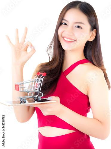 Portrait young woman shopping online transparent file.