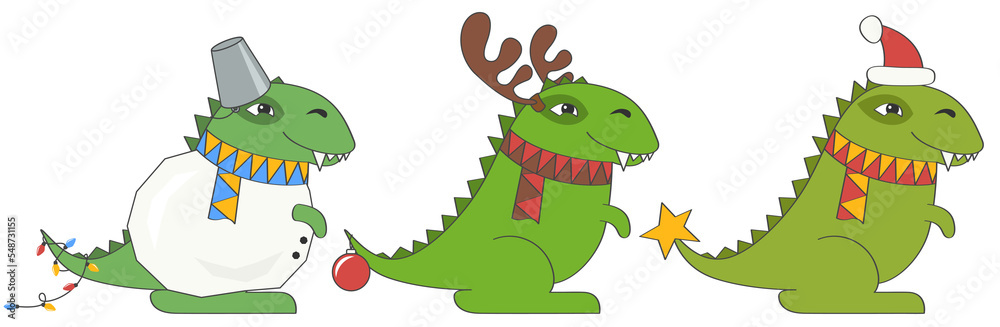 Dino Santa Claus Tyrannosaurus set. Christmas funny cartoon dinosaur in ...