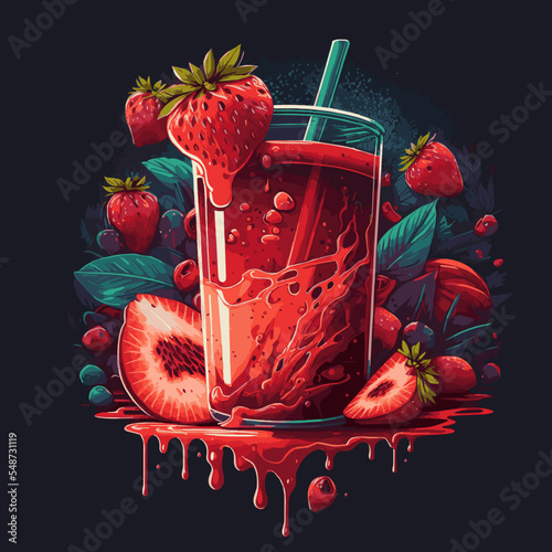 Red Strawberry smoothies Juice in glass with strawberries slice Vector Illustration