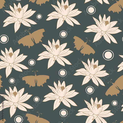 Elegant seamless vector pattern background illustration with gold butterflies silhouette and water lily flowers 