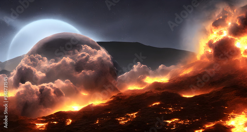Digital Illustration Vulcano Erupting Under The Moonlight