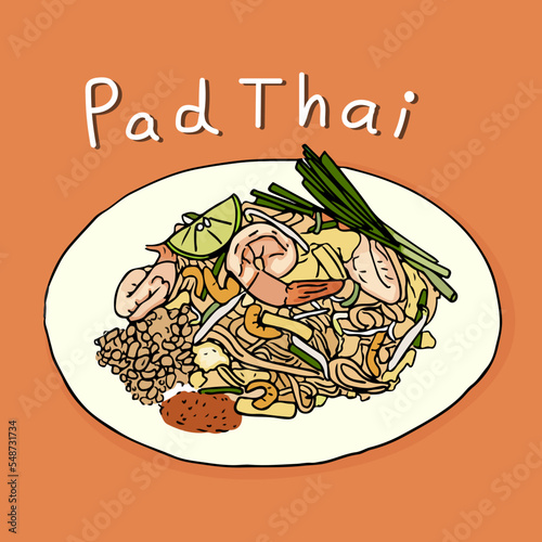 Noodle padthai. Delicious Thai food noodle (Pad Thai) on orange background.Hand draw sketch vector.