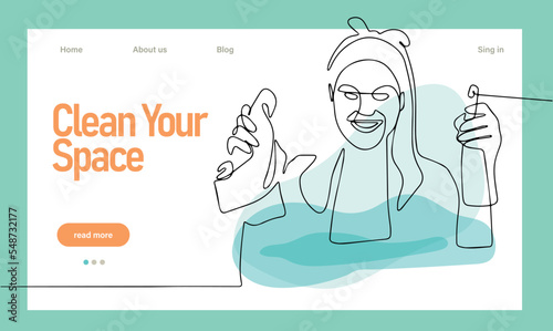 Home cleaning service landing page design concept, illustration of janitors with cleaning tools. Vector illustration