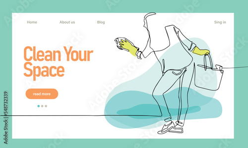 Home cleaning service landing page design concept, illustration of janitors with cleaning tools. Vector illustration