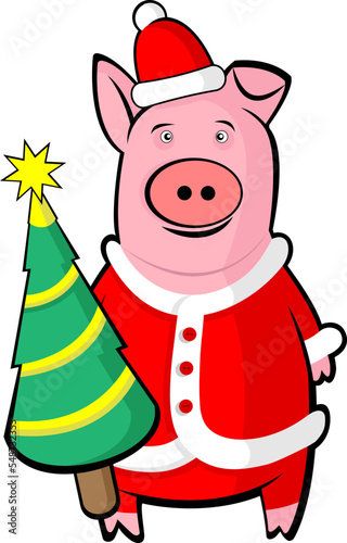 A pig dressed in a red dress with a red hat is holding a Christmas tree.