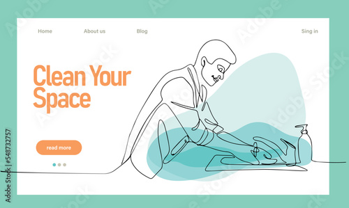 Home cleaning service landing page design concept, illustration of janitors with cleaning tools. Vector illustration