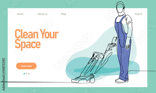 Home cleaning service landing page design concept, illustration of janitors with cleaning tools. Vector illustration