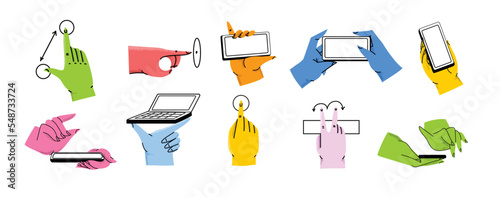 Hands holding smartphone. Vector icon of people hold smartphone or using touch gestures for mobile phone while reading. Press and point, pich and unpinch, rotate and swipe symbol.