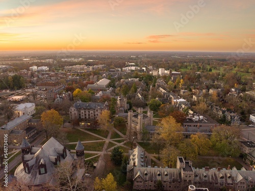 Aerial view of a beautiful university at sunset in Princeton, USA photo