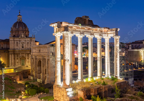 Ruins of Roman Forum at night, Rome, Italy