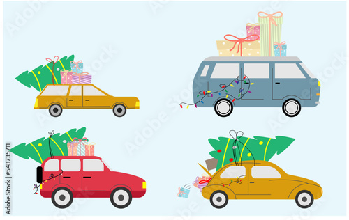 car on christmas day carrying christmas tree and gifts and lights for christmas tree decorations