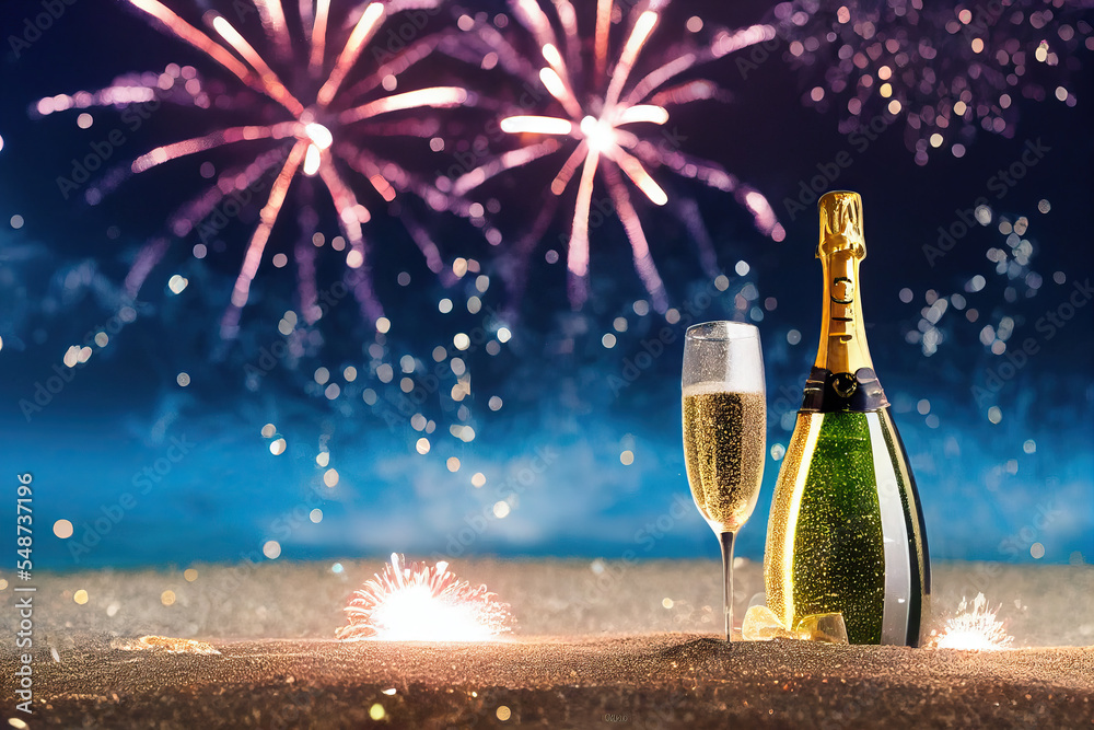 Two glasses and a bottle of champagne at night on New Year's Eve with ...