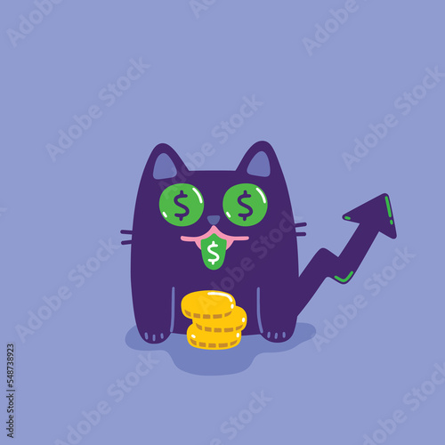 Cute funny cartoon cat with gold money. Investment cheerful concept. Business illustration with pet character.