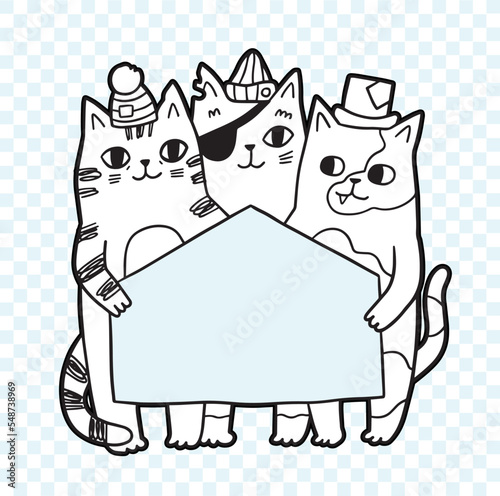 Homeless cats holding house shaped banner. Cute and fun vector illustration.
