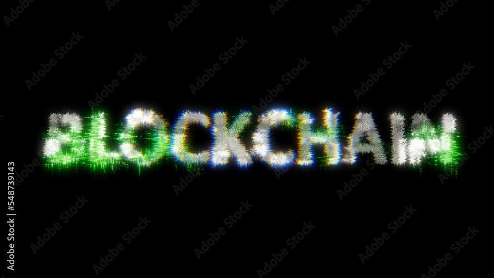 green cybernetical text BLOCKCHAIN with noise distortion, isolated - object 3D rendering