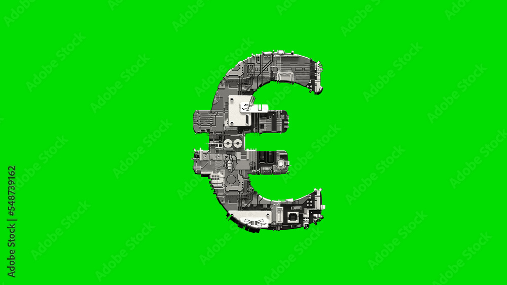 euro sign, silver cyber scrap metal digital font on green, isolated ...