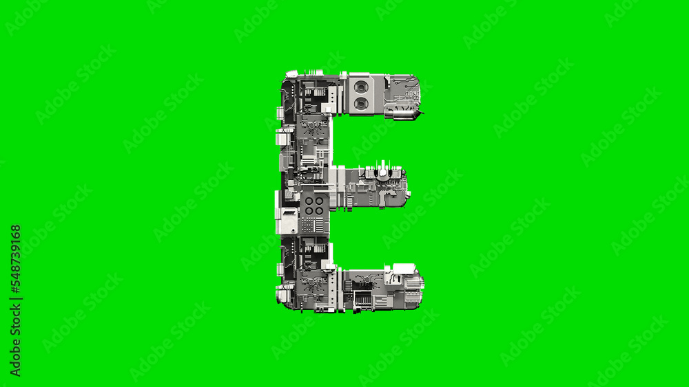 Obraz premium letter E, silver cyber metal scrap digital alphabet on green, isolated - object 3D illustration