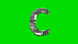 letter C, silver cyber metal scrap digital font on green, isolated - object 3D rendering