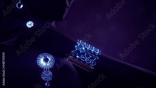 Wallpaper Mural soft focus Jewelry background - goldish necklace ring armlet and shackle with blue gem stones, fictional design - abstract 3D rendering Torontodigital.ca