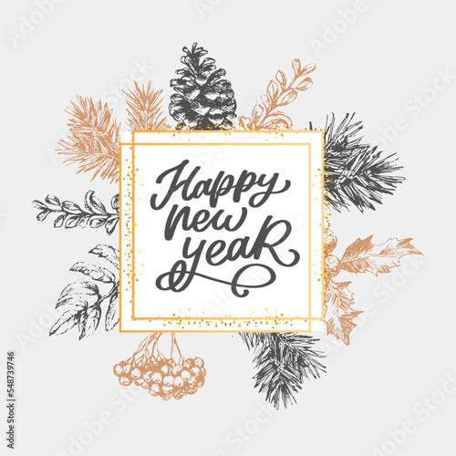 Merry Christmas and Happy New Year Abstract Botanical Card with Square Frame Banner and Modern Typography. Green and Pink Pastel Colors Greeting Layout. Isolated.