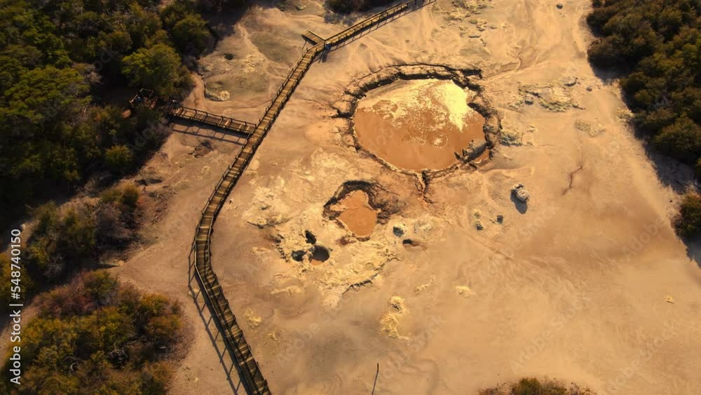 Sulfur Point Mud pools and Rotorua sulfur lake in New Zealand – drone aerial view