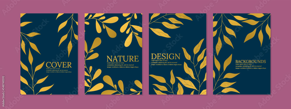 elegant botanical cover design set. navy blue and gold color background. A4 size for notebooks, journals, magazines, annual reports, invitations