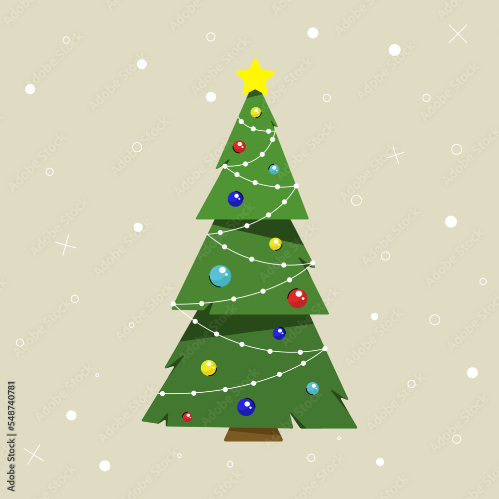 Decorated Christmas tree with garland, decorative balls and star. New Year card. Flat vector illustration. Merry Christmas and Happy New Year.
