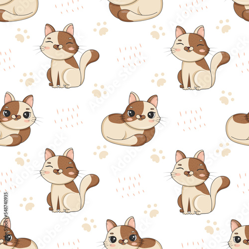 Seamless pattern with cute cartoon cats in funny poses sit and lie for kids room decor