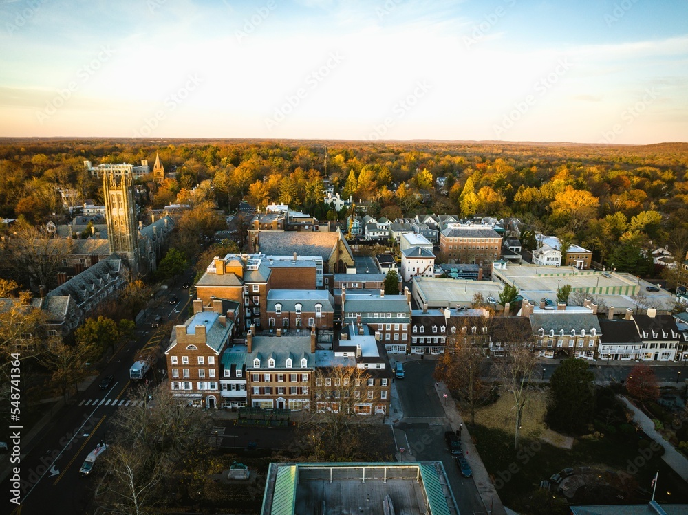 Drone view of golden sunrise over Princeton New Jersey. Cityscape with famous landmarks
