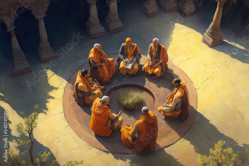 AI generated image of a conference of the Saptarshi or the divine seven Hindu sages for various discussions photo